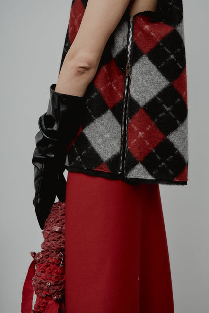 Wool Vest + Red Wool Asymmetrical Skirt