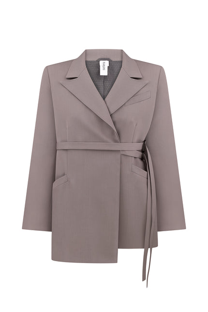 A gray woolen jacket with two belts, a collar, and a front pocket, displayed on a hanger.