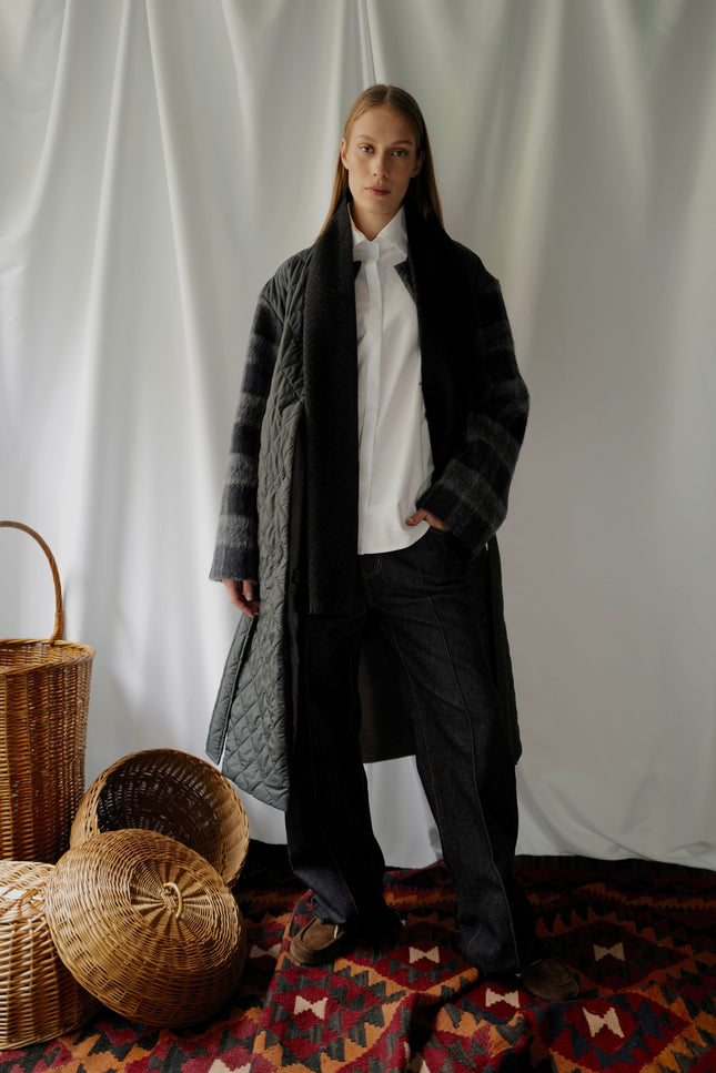Quilted Coat With a Belt and Lama Wool Sleeves (Winter sale)