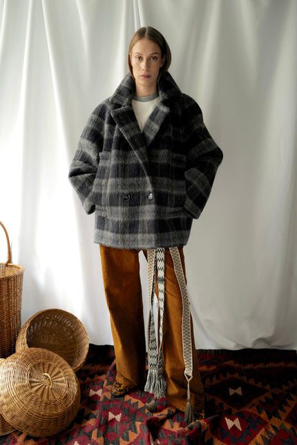 Liama Fluffy Double Breasted  Plaid Half Coat