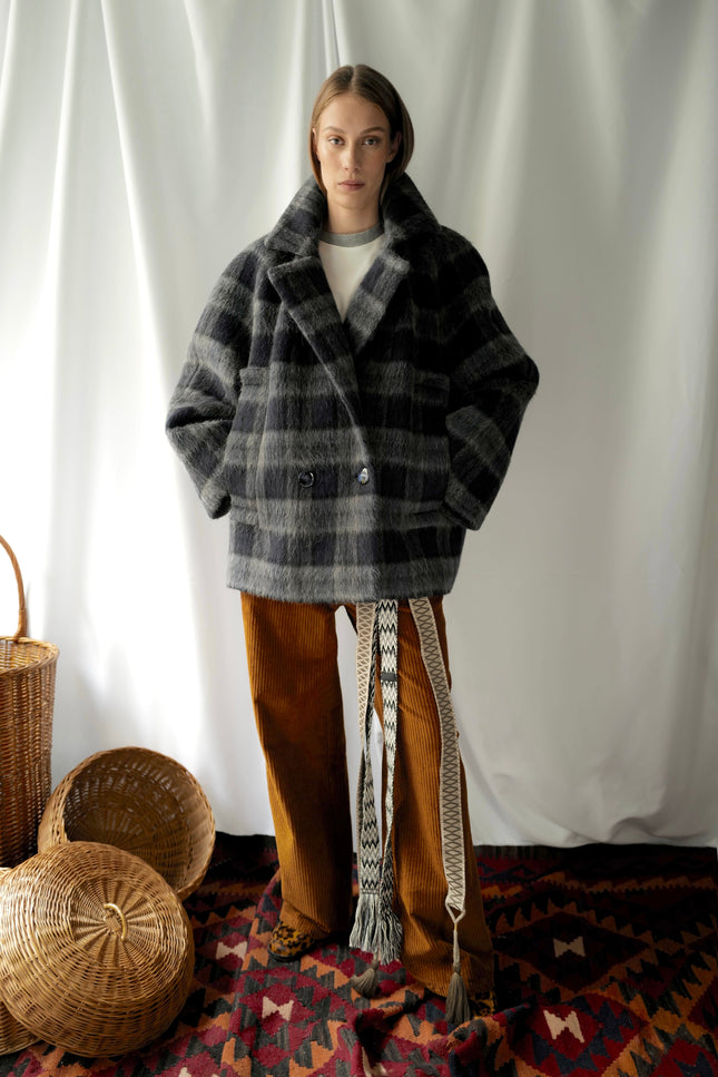 Liama Fluffy Double Breasted  Plaid Half Coat