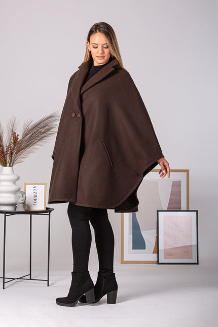 Brown Collared Loose Cape Coat button closure - from Nikka Place | Effortless fashion for easy living