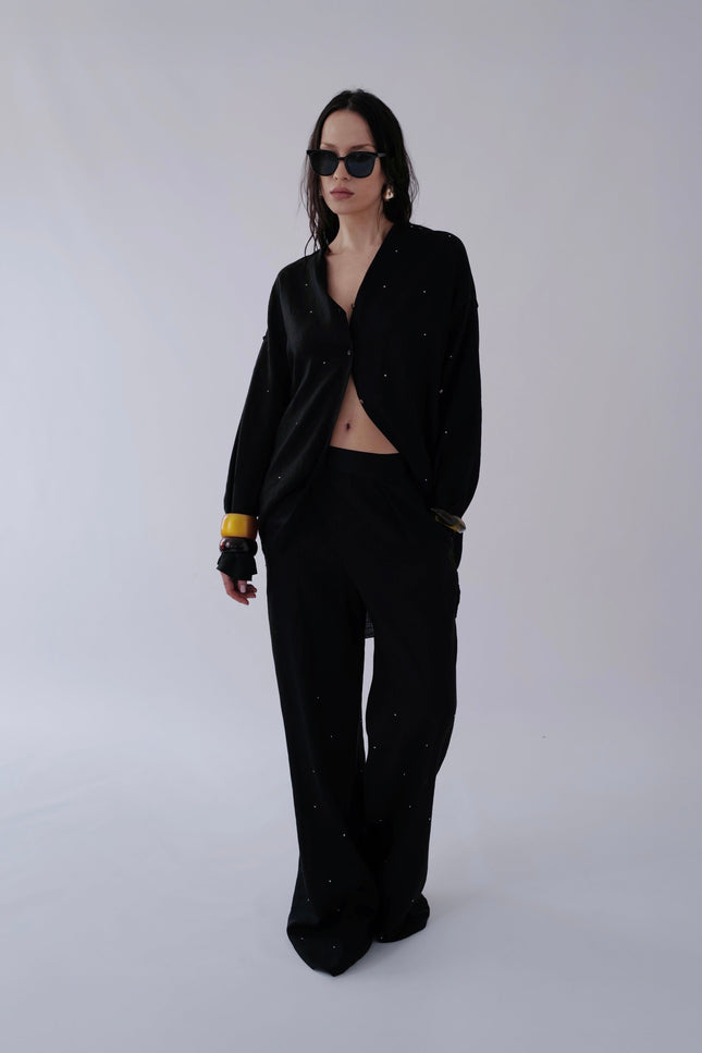 Anna Led | Embroidered Linen Wide Pull Up Trousers THE DOTS