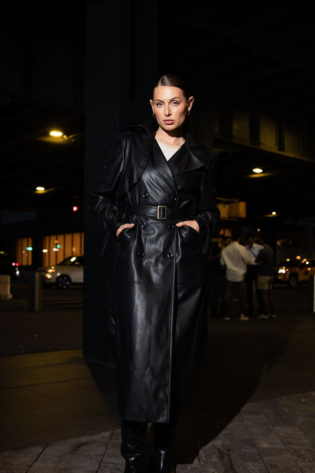 faux leather black trench coat
