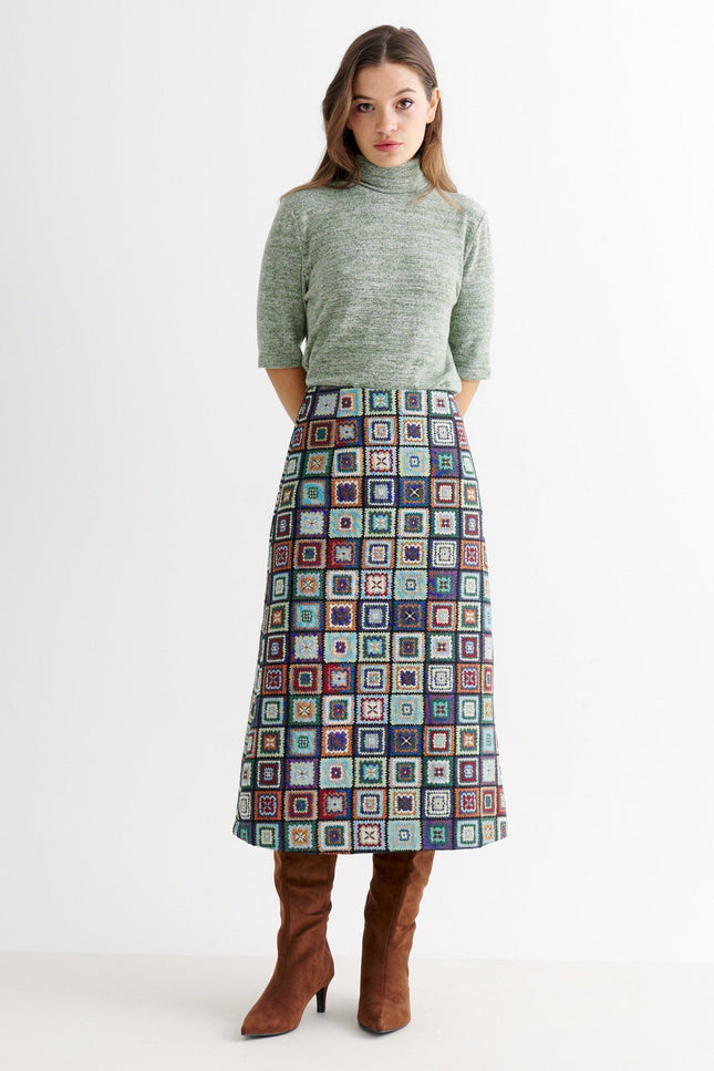Buffy 70's Patch Jacquard Midi Skirt - Front