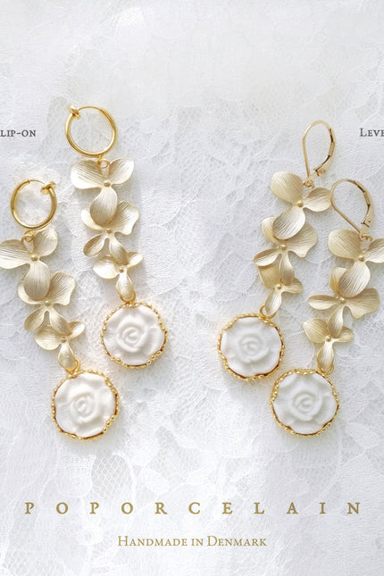Poporcelain | Moonlight Rose and Triple Leaves Drop Earrings