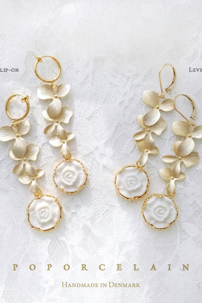 Poporcelain | Moonlight Rose and Triple Leaves Clip-On Drop Earrings