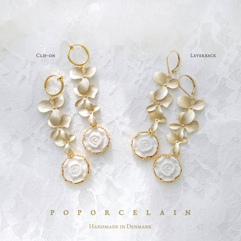 Poporcelain | Moonlight Rose and Triple Leaves Drop Earrings