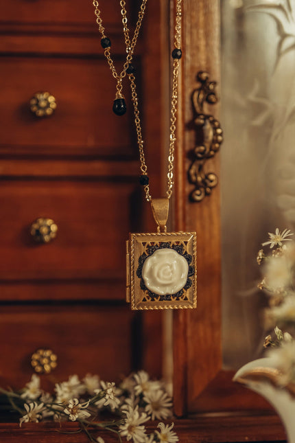 Poporcelain | Vintage Moonlight Rose Locket Pendant Necklace