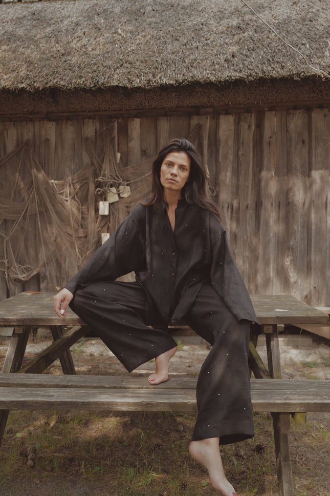 Anna Led | Embroidered Linen Wide Pull Up Trousers THE DOTS
