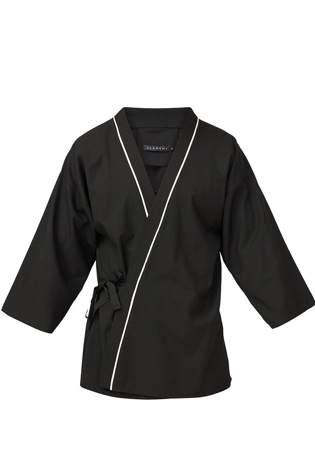 Ivory Detail Androgynous Kimono
Details :
Wrap style jet black casual kimono with ivory detail 
half-length sleeves
wrap style fastening
Composition

Cotton 60 % Polyester 40% 
Washing instructionCasual KimonosAlchemy The LabelAlchemy The LabelIvory Detail Androgynous Kimono