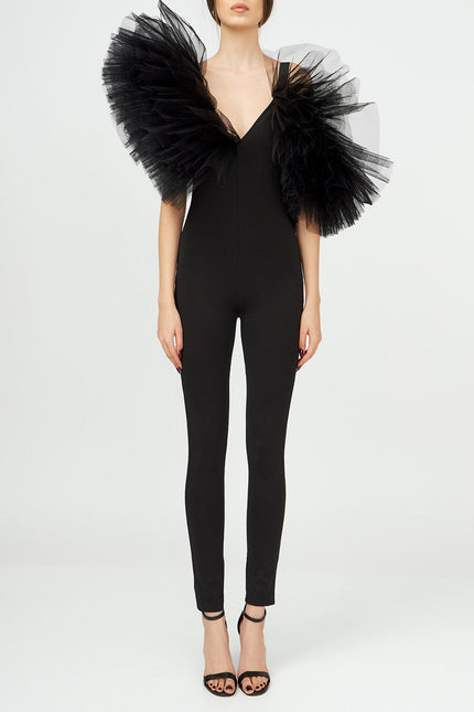 Liaaram | Asymmetric Tulle Ruffle Jumpsuit