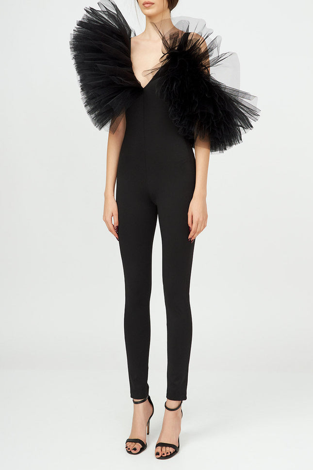 Liaaram | Asymmetric Tulle Ruffle Jumpsuit