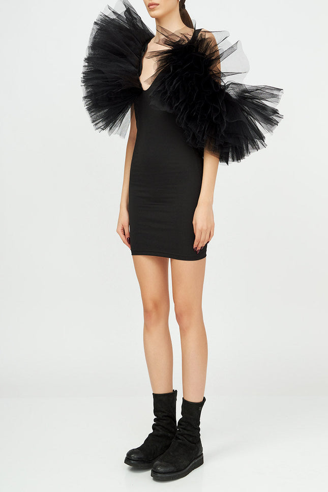 Liaaram | Asymmetric Tulle Ruffle Mini Dress