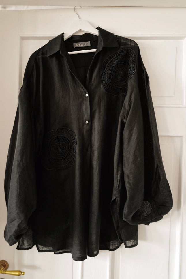 Fine Linen Hand Made Embroidered Tunic RING BLACK
