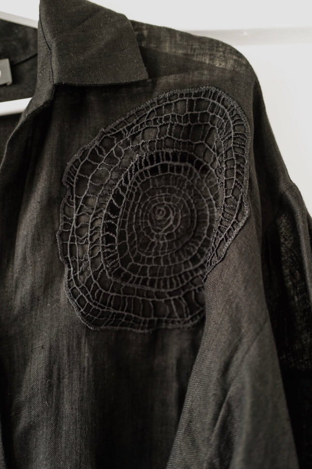 Fine Linen Hand Made Embroidered Tunic RING BLACK