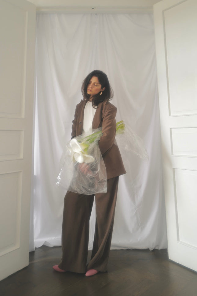 Wide Pull up Cupra Trousers in Tobacco colour