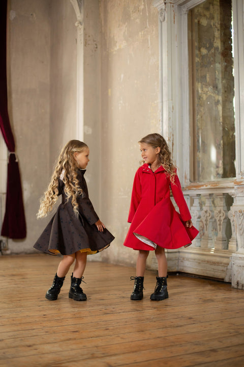 RainSisters | Dark Brown Coat with Black Floral Print for Girls 'Velvet Leaves'