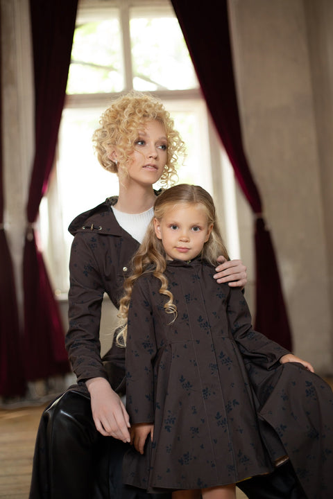 RainSisters | Dark Brown Coat with Black Floral Print for Girls 'Velvet Leaves'