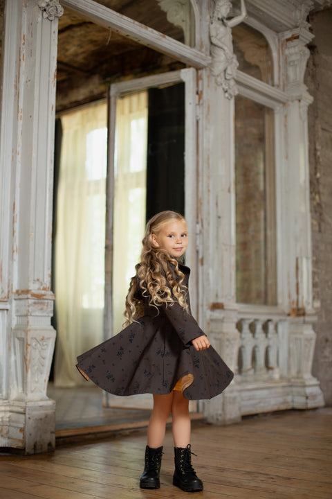 RainSisters | Dark Brown Coat with Black Floral Print for Girls 'Velvet Leaves'