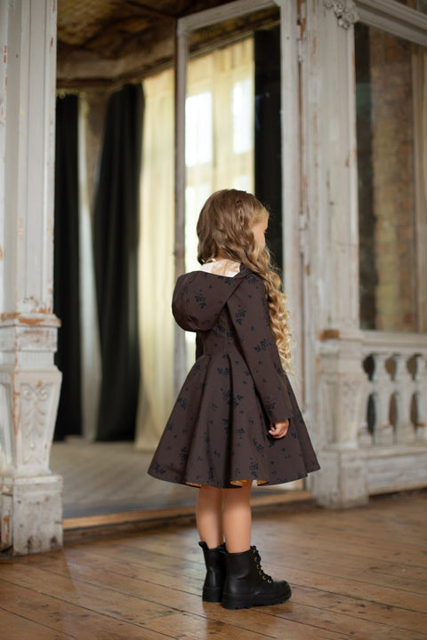 RainSisters | Dark Brown Coat with Black Floral Print for Girls 'Velvet Leaves'