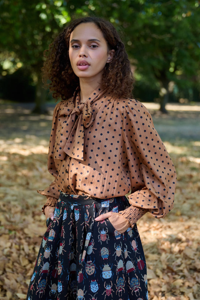 Louche London | Aditi Spot Tie Neck Blouse - Toffee