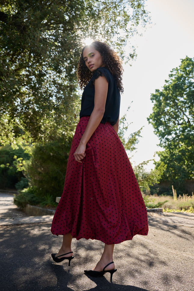 Louche London | Dixie Spot Print Bubble Hem Midi Skirt - Wine