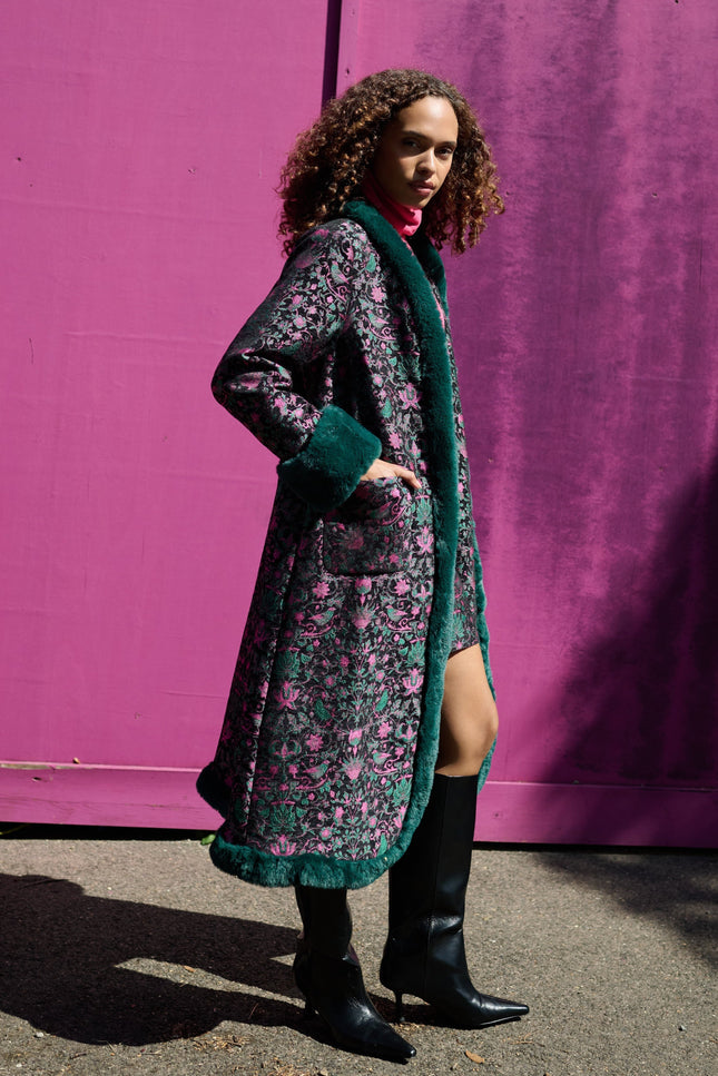 Louche London | Delphia Belle Plume Jacquard Fur Trim Opera Coat