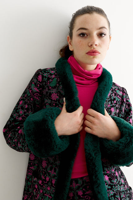 Louche London | Płaszcz operowy Delphia Belle Plume Jacquard Fur Trim