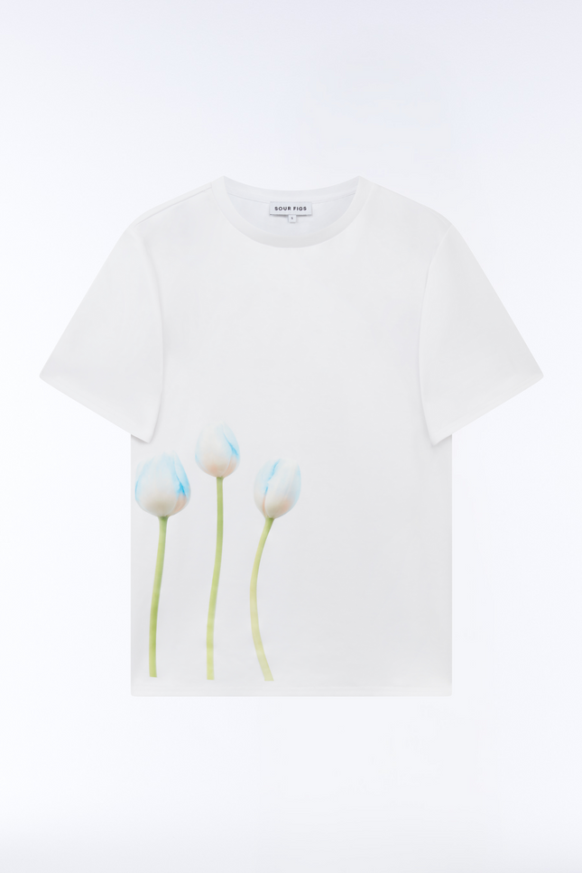 SOUR FIGS relaxed-fit crew neck T-shirt with tulip motif in Ice Petal White