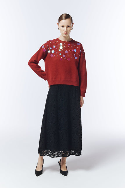 Front view of red embellished jumper from SOUR FIGS showing oversized sequins.