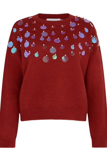 Studio flat lay of SOUR FIGS Sequin-Embellished Jumper in dark Red.