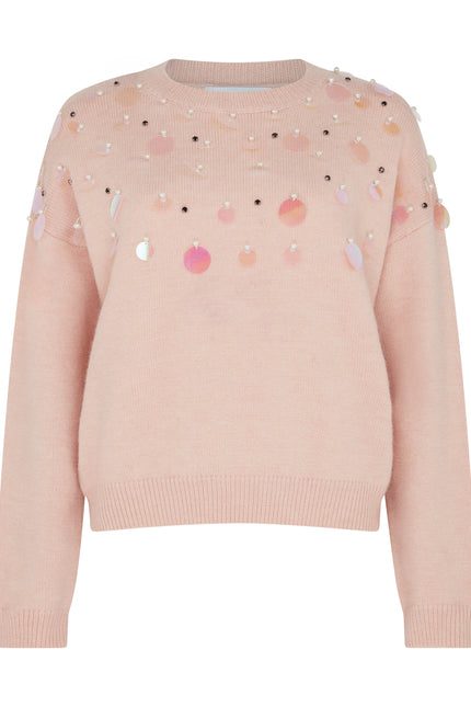 Pink sweater with colorful sequin embellishments, designer fashion SOUR FIGS