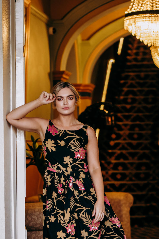 Violet Fish I Isabella Dress - Mystery Gardenia Print  Midnight Rose