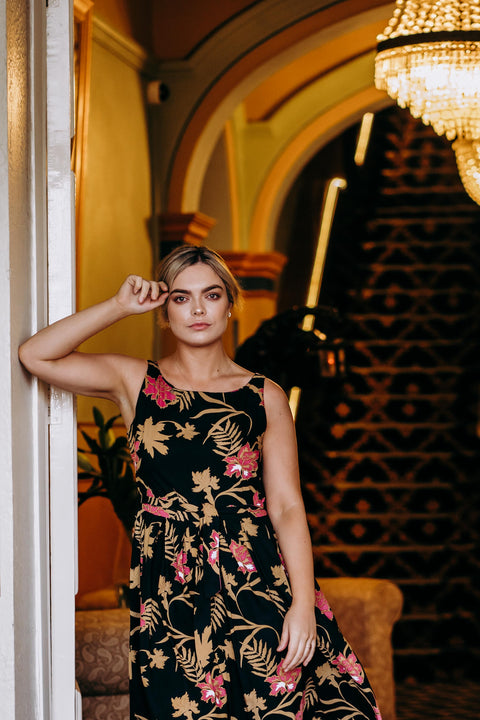 Violet Fish I Isabella Dress - Mystery Gardenia Print  Midnight Rose