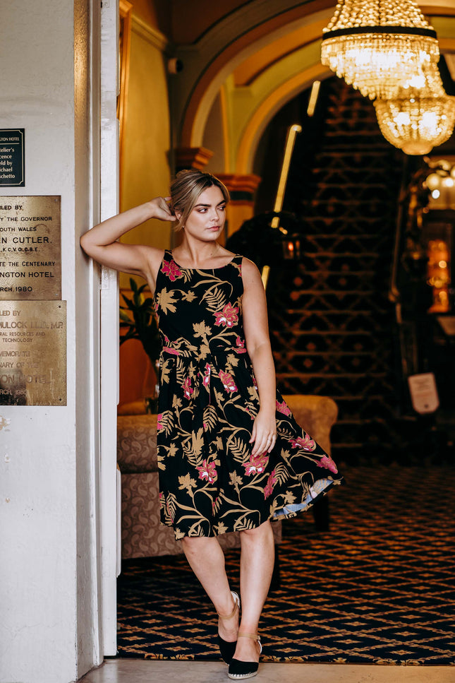 Violet Fish I Isabella Dress - Mystery Gardenia Print  Midnight Rose