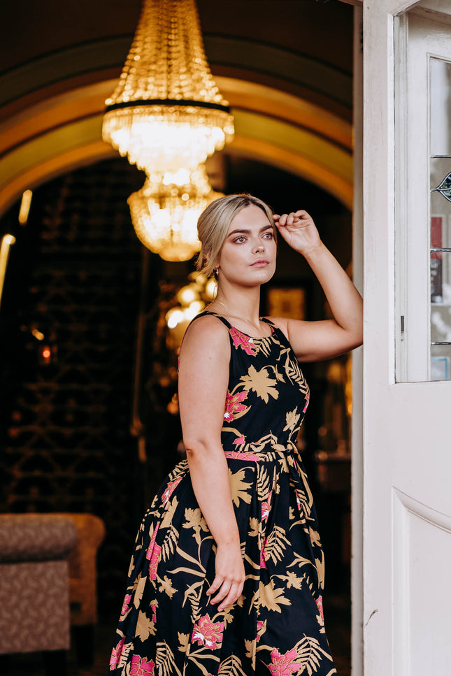 Violet Fish I Isabella Dress - Mystery Gardenia Print  Midnight Rose