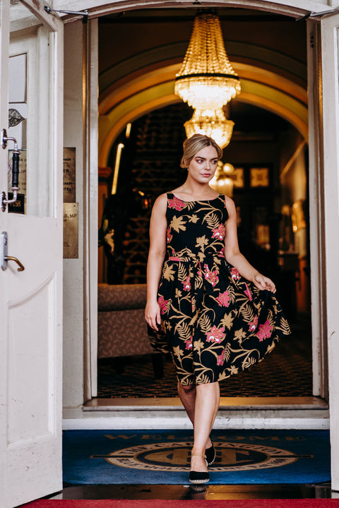 Violet Fish I Isabella Dress - Mystery Gardenia Print  Midnight Rose