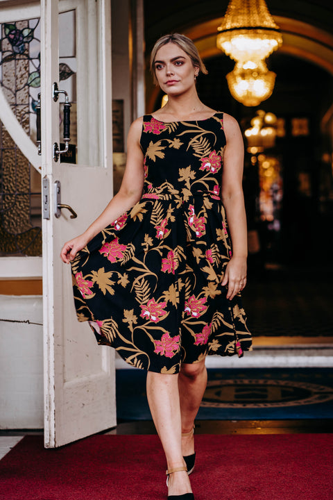 Violet Fish I Isabella Dress - Mystery Gardenia Print  Midnight Rose