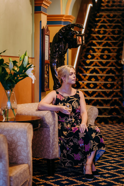 Violet Fish I Isabella Dress - Mystery Gardenia Print  Midnight Rose