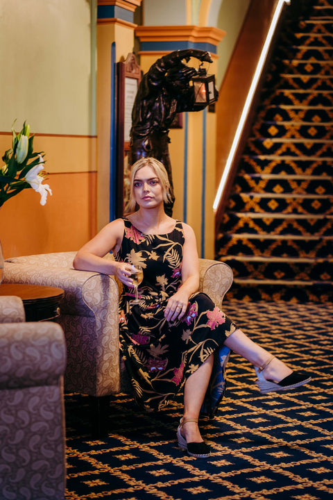 Violet Fish I Isabella Dress - Mystery Gardenia Print  Midnight Rose