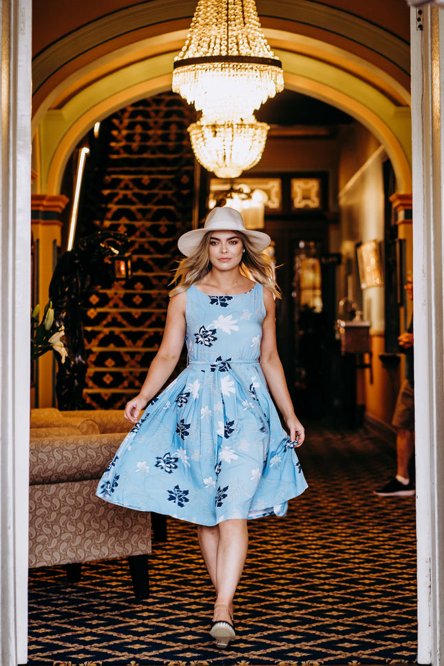Violet Fish I Isabella Dress - Mystery Gardenia Print  Blue Dreams