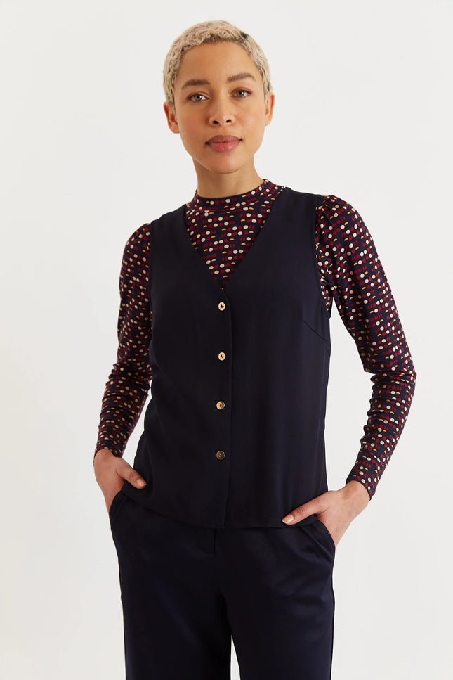 Jakson Sustainable Satin Back Crepe Waistcoat - Navy - Detail 1