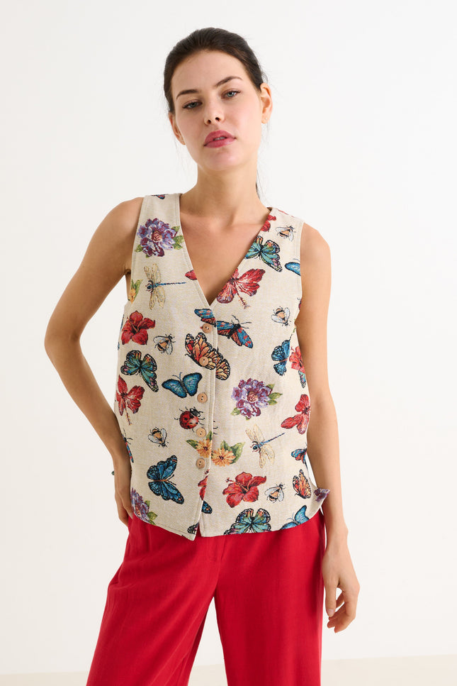 Jakson Flutter Jacquard Waistcoat - Cream - Back