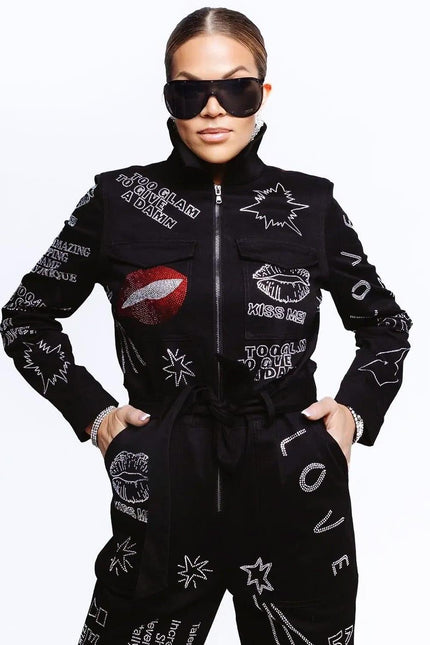 Jumpsuit - Black with Swarovski Details