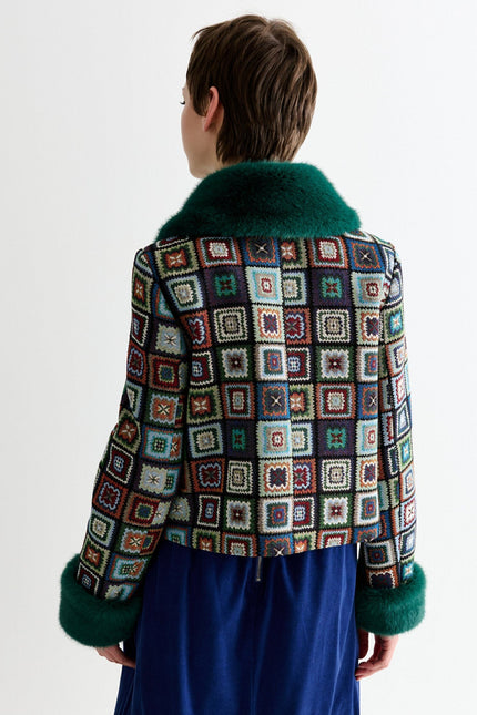 Kent 70'S Patch Jacquard Fur Trim Cropped Jacket