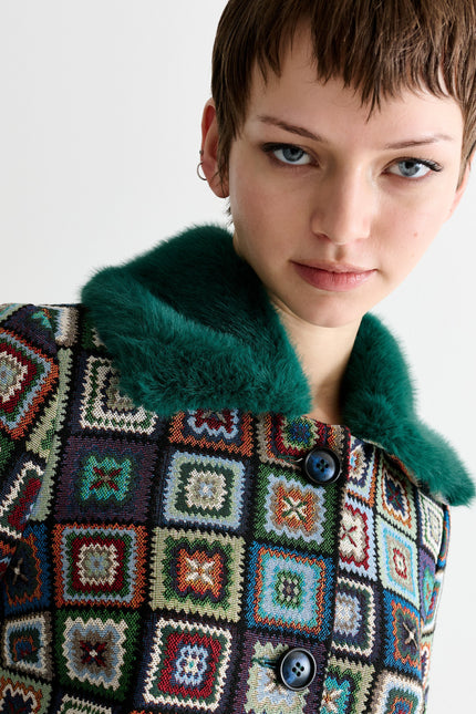 Kent 70'S Patch Jacquard Fur Trim Cropped Jacket