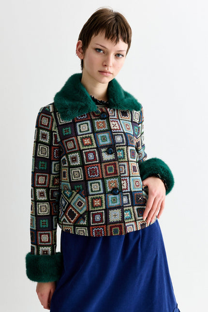 Kent 70'S Patch Jacquard Fur Trim Cropped Jacket