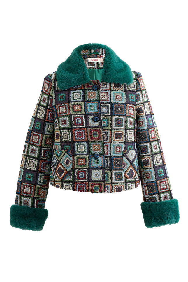 Kent 70'S Patch Jacquard Fur Trim Cropped Jacket