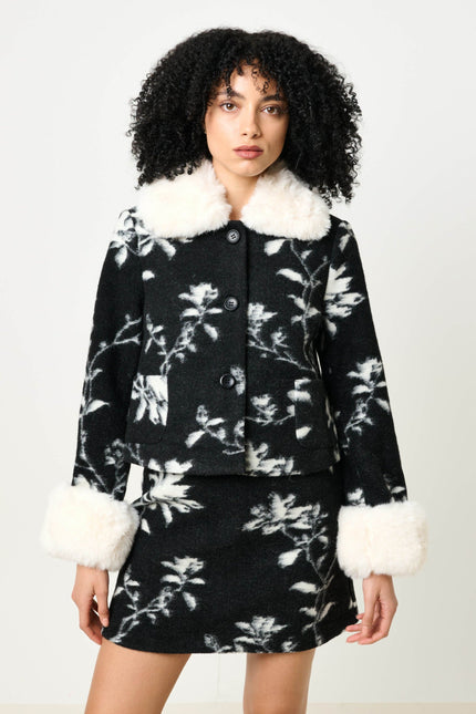 Kent Power Bloom Fur Collar And Cuff Jacket - Black & White - Front